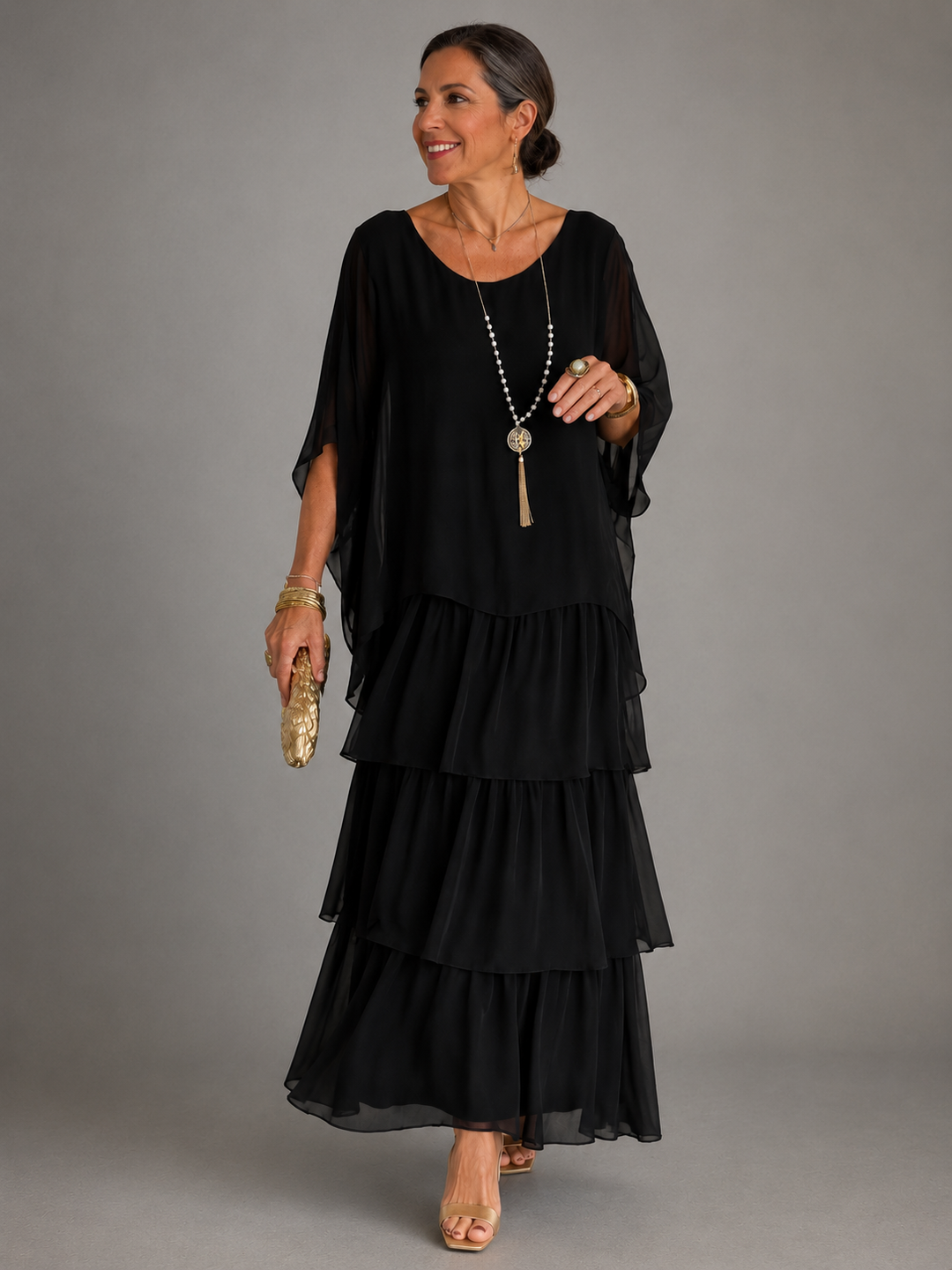 Zivorne | Women's Tiered Chiffon Maxi Dress - Black - Image 1