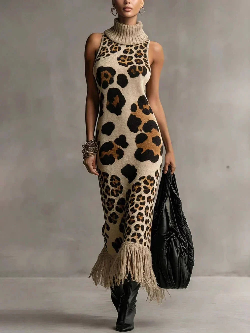 Zolvara | Women's Leopard Print Knit Midi Dress - Leopard - Image 1