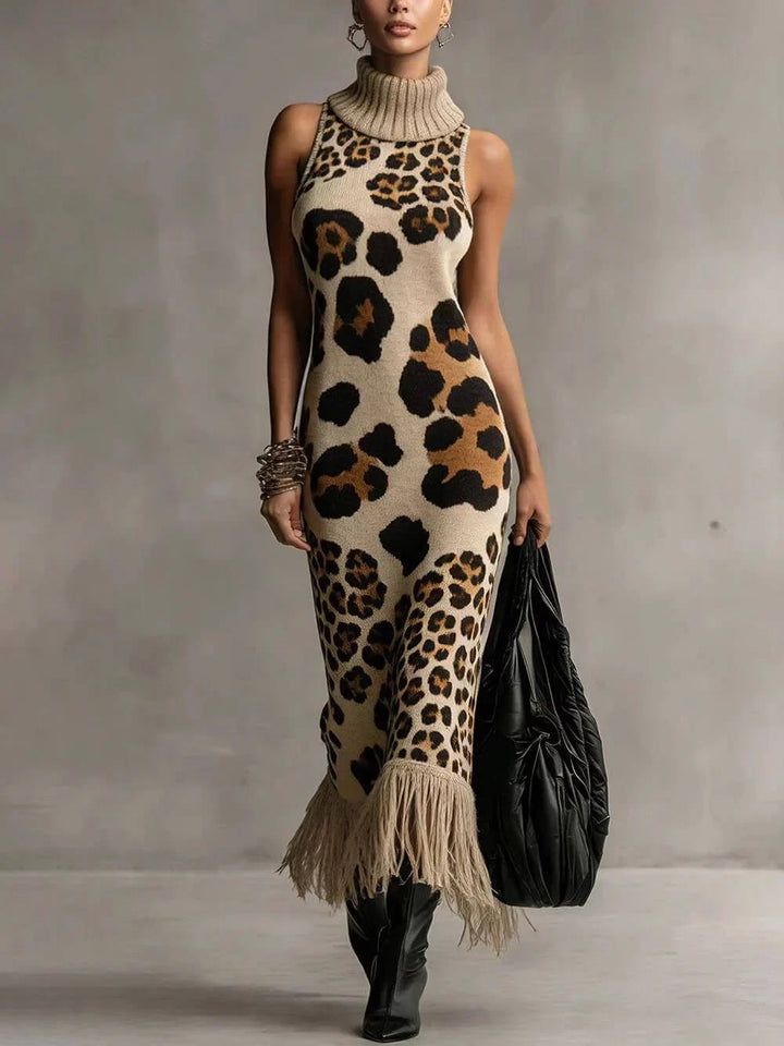 Zolvara | Women's Leopard Print Knit Midi Dress - Leopard - Image 1
