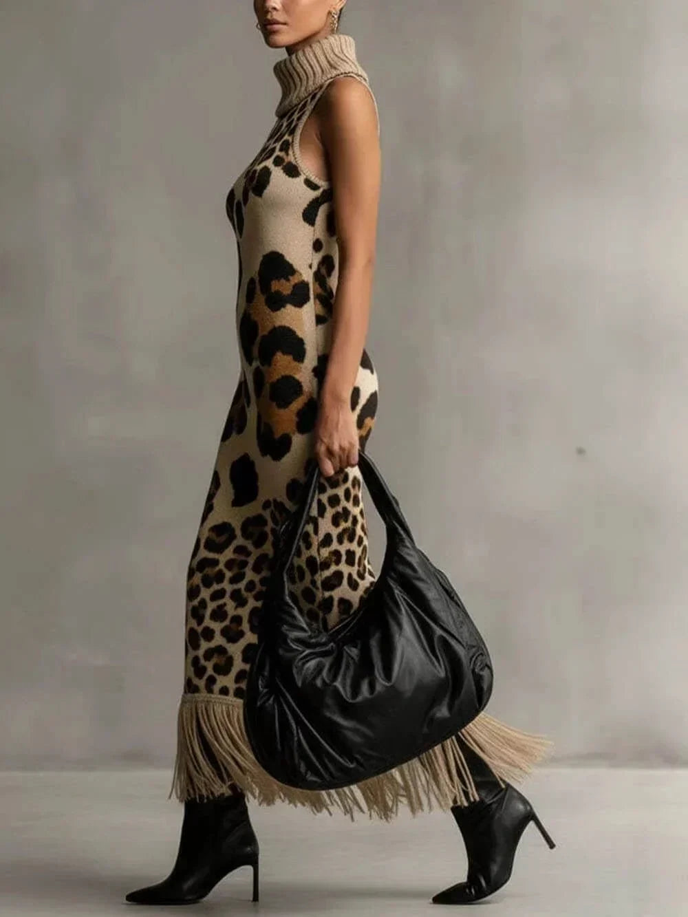 Zolvara | Women's Leopard Print Knit Midi Dress - Leopard - Image 2