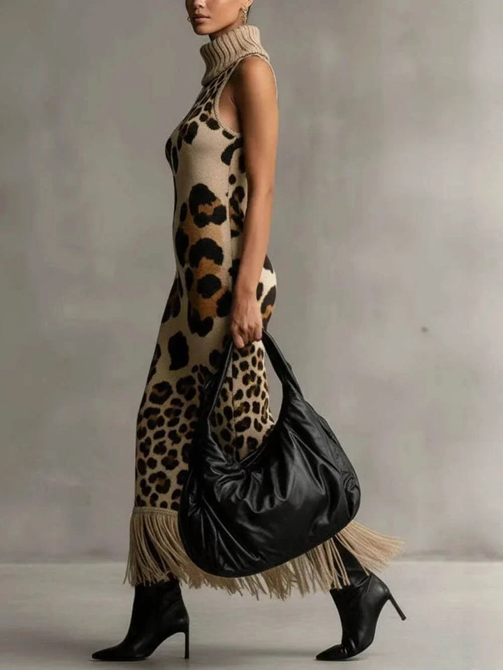 Zolvara | Women's Leopard Print Knit Midi Dress - Leopard - Image 2