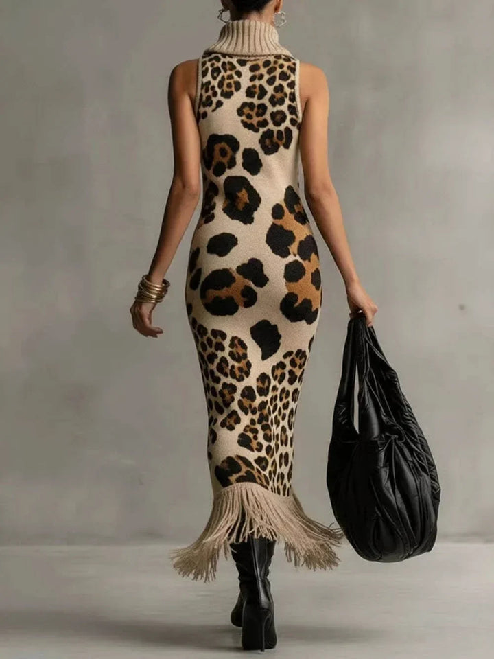 Zolvara | Women's Leopard Print Knit Midi Dress - Leopard - Image 3