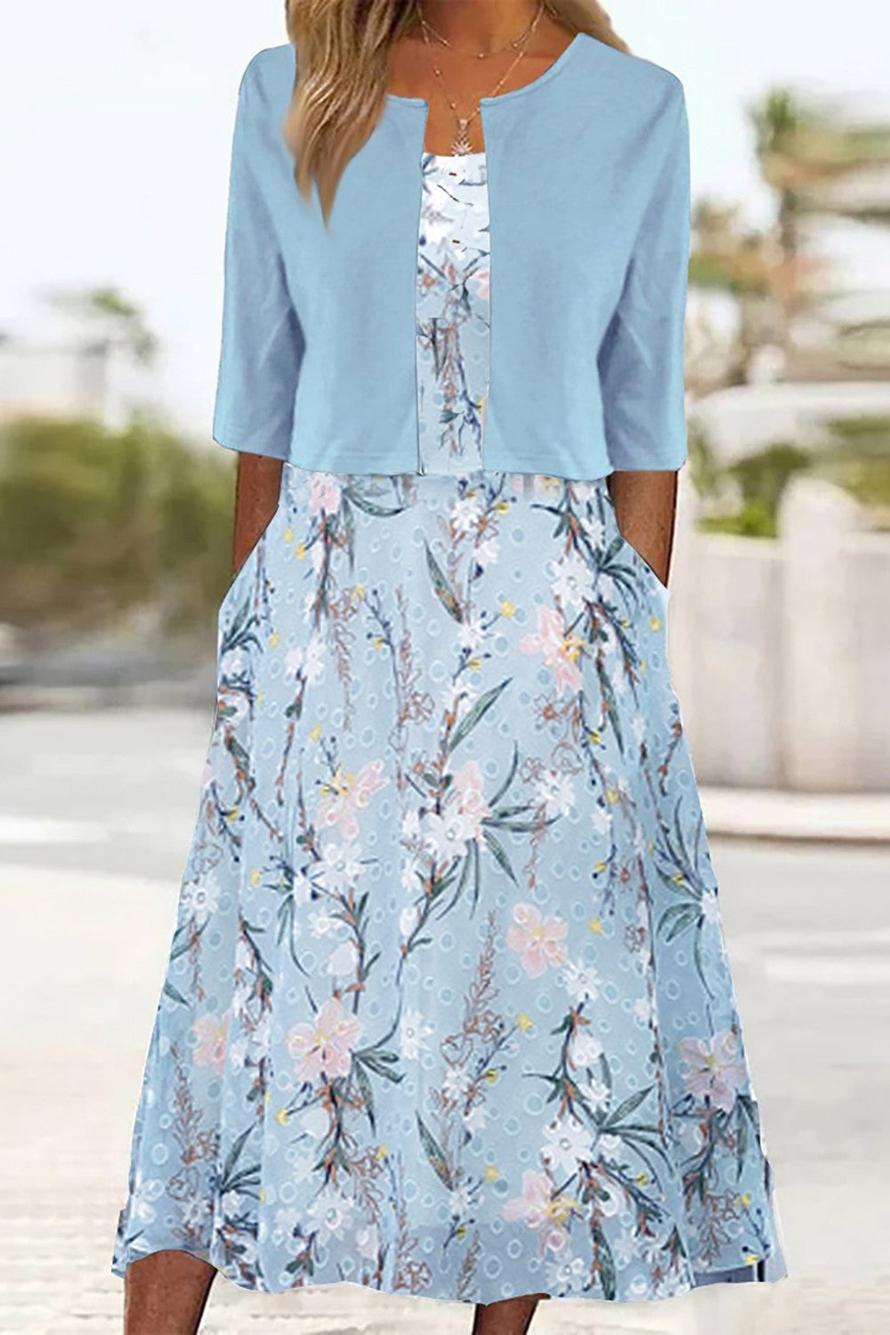 Zolvara | Women's Linen Two Piece Set Midi - Light Blue - Image 2