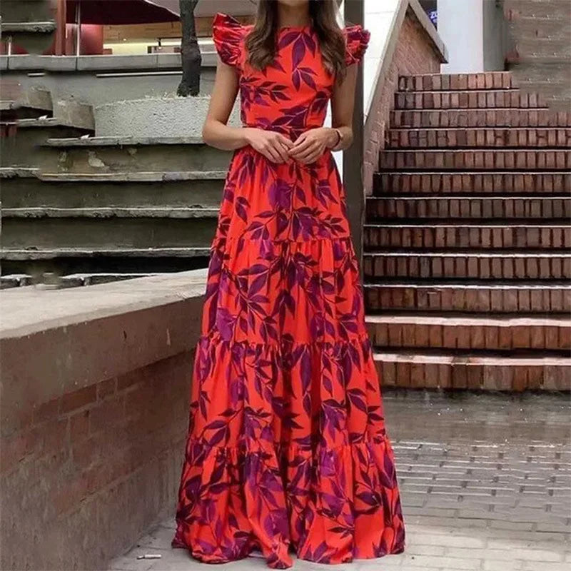 Zolvara | Women's Print Maxi Summer Dress - Red - Image 1