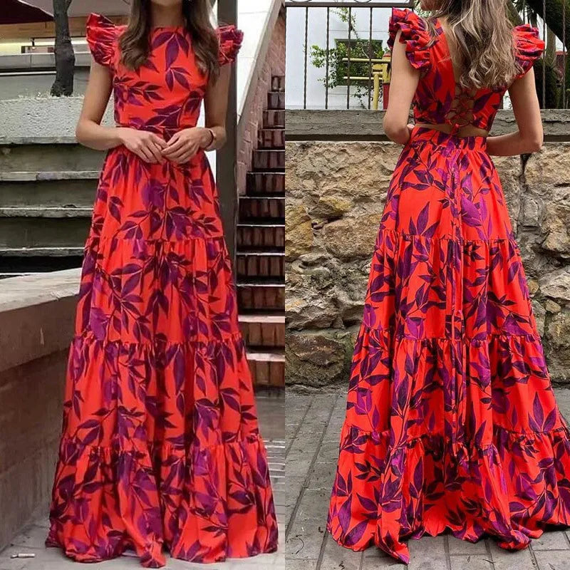 Zolvara | Women's Print Maxi Summer Dress - Red - Image 2