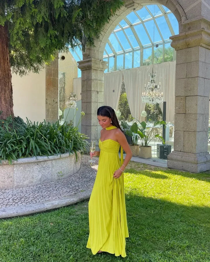 Zolvara | Women's Wedding Guest Maxi Dress Halter Neck - Yellow - Image 1