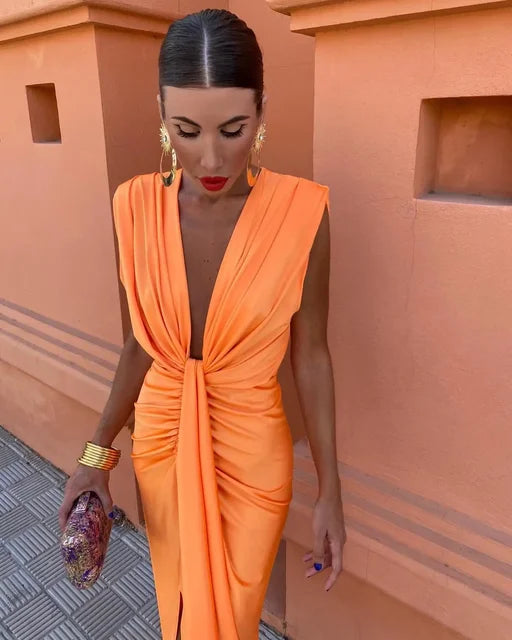 Zolvenne | Women's Ruched Midi Dress Deep V-Neck - Orange - Image 1