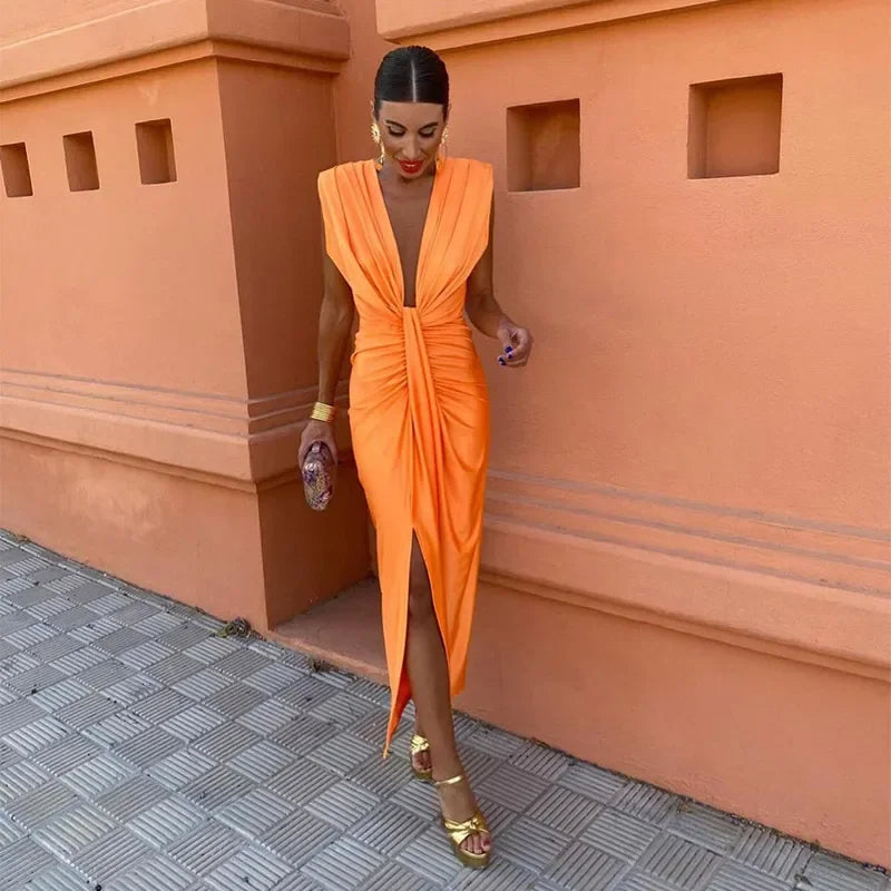 Zolvenne | Women's Ruched Midi Dress Deep V-Neck - Orange - Image 2