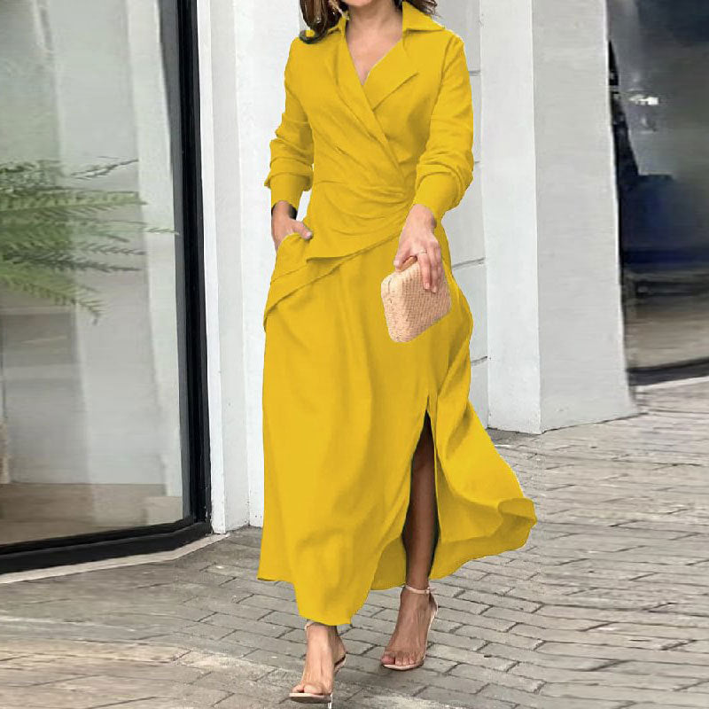 Zolvindra | Women's Summer Maxi Dress Long Sleeve Wrap - Yellow - Image 4