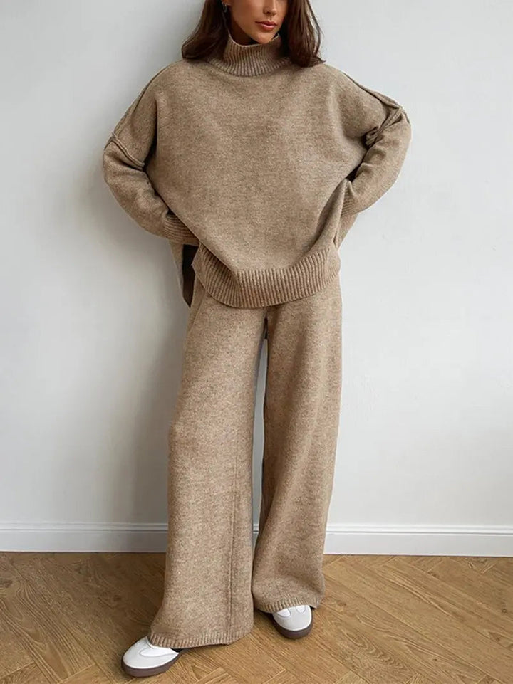 Zora | Women's Turtleneck Loungewear Set with Wide Leg Pants - Beige - Image 1