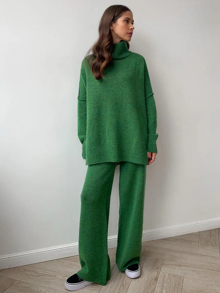 Zora | Women's Turtleneck Loungewear Set with Wide Leg Pants - Beige - Image 12