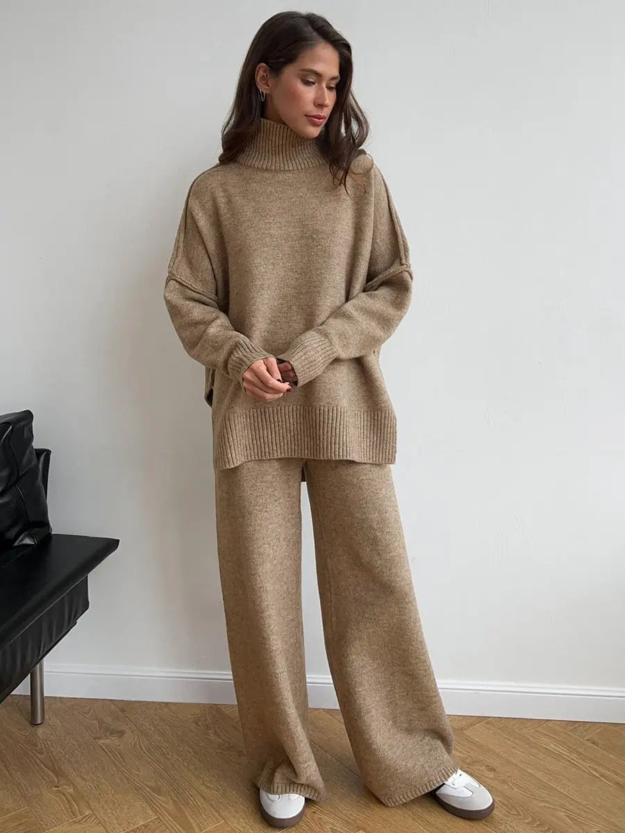 Zora | Women's Turtleneck Loungewear Set with Wide Leg Pants - Beige - Image 2