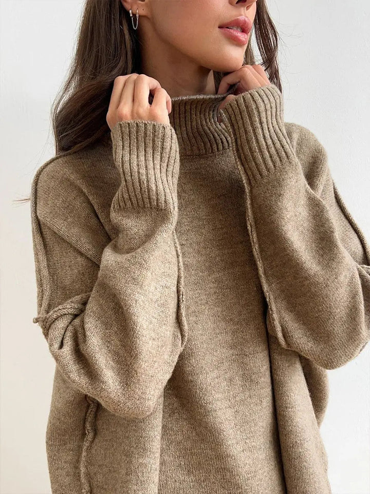 Zora | Women's Turtleneck Loungewear Set with Wide Leg Pants - Beige - Image 3
