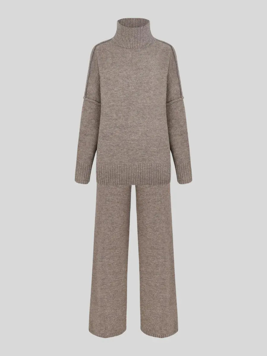 Zora | Women's Turtleneck Loungewear Set with Wide Leg Pants - Beige - Image 4