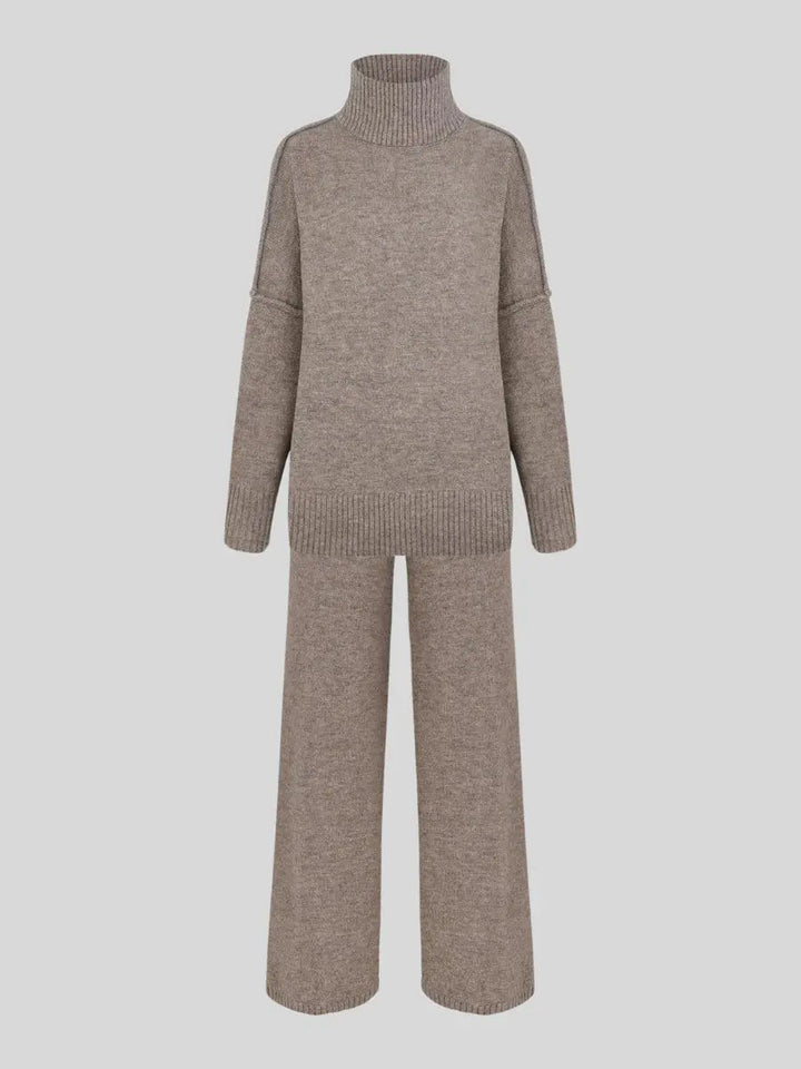 Zora | Women's Turtleneck Loungewear Set with Wide Leg Pants - Beige - Image 4