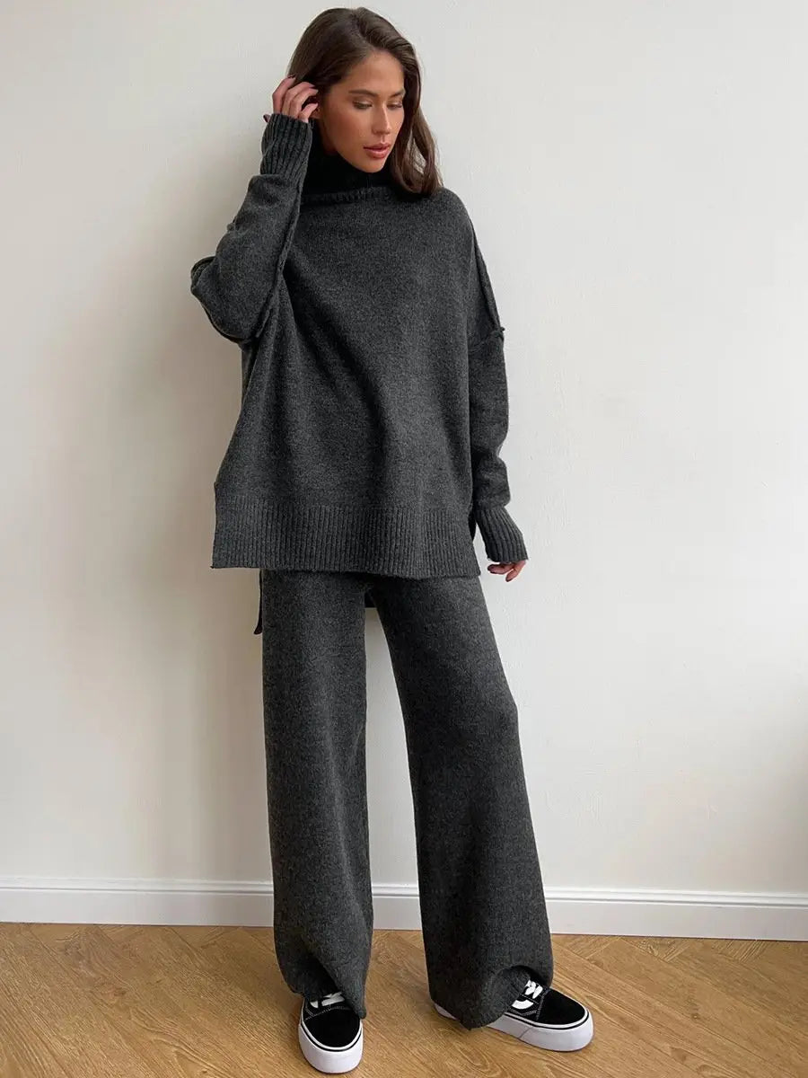 Zora | Women's Turtleneck Loungewear Set with Wide Leg Pants - Beige - Image 5