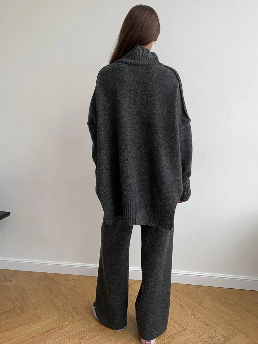 Zora | Women's Turtleneck Loungewear Set with Wide Leg Pants - Beige - Image 6