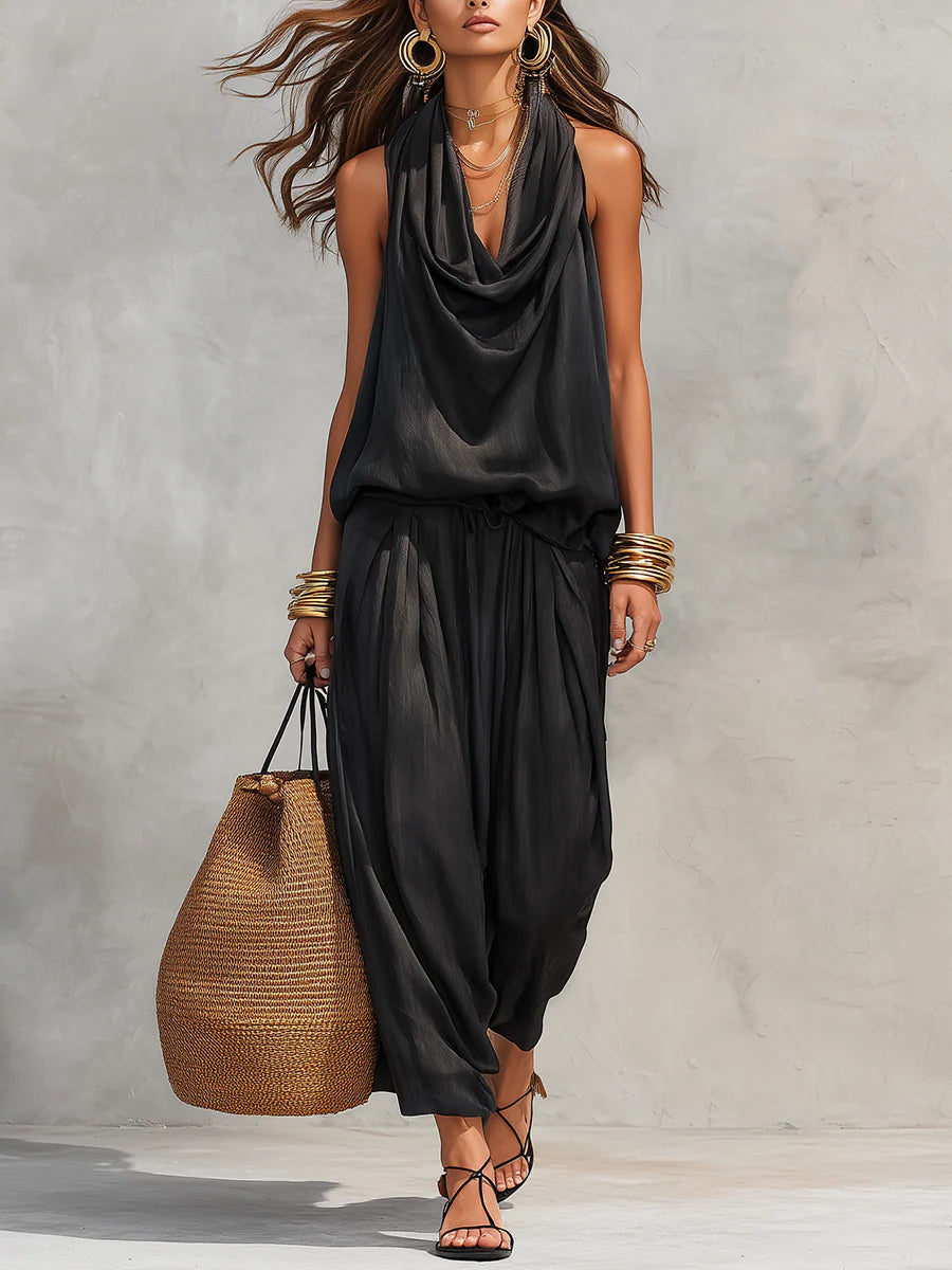 Zovaine | Women's Cowl Neck Halter Two Piece Set - Black - Image 1
