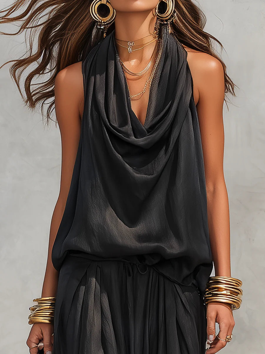 Zovaine | Women's Cowl Neck Halter Two Piece Set - Black - Image 4