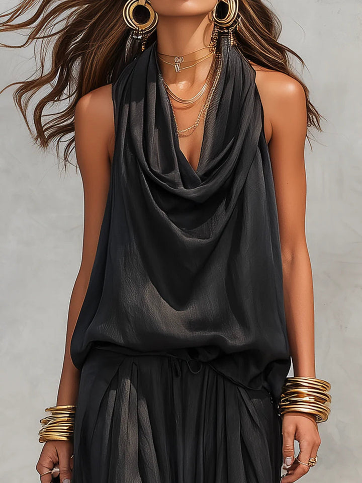 Zovaine | Women's Cowl Neck Halter Two Piece Set - Black - Image 4